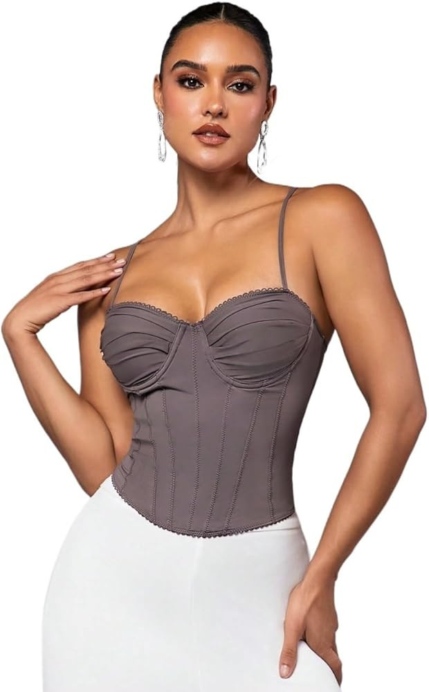 Tops for Women Fashion 2024 Ruched Bust Lace Neckline Sexy Top Trendy Cami Tank Tops | Amazon (US)