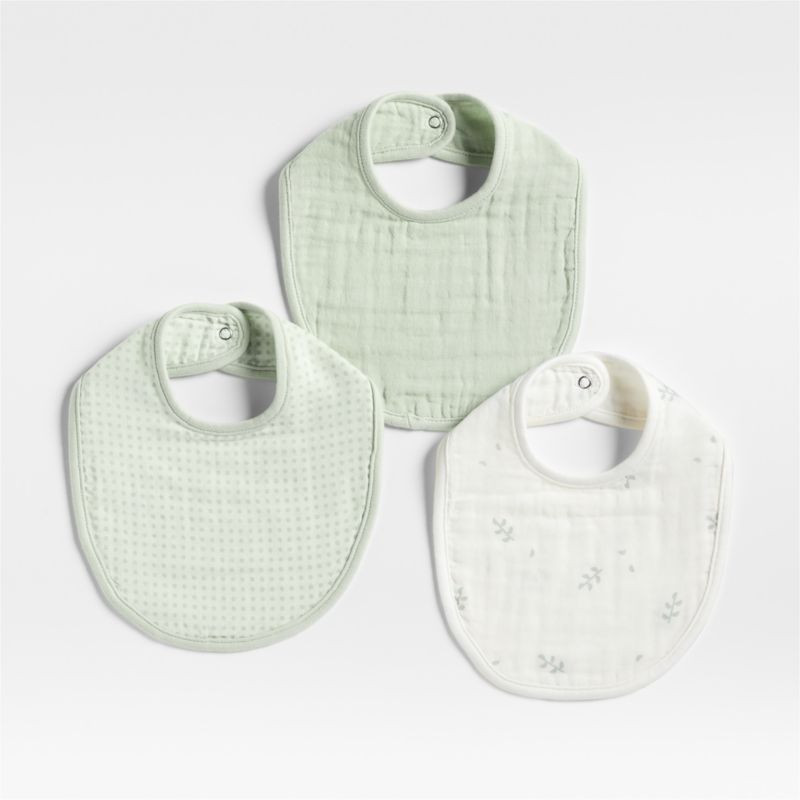 Mixed Print Muted Teal Organic Cotton Gauze Baby Bib, Set of 3 | Crate & Barrel