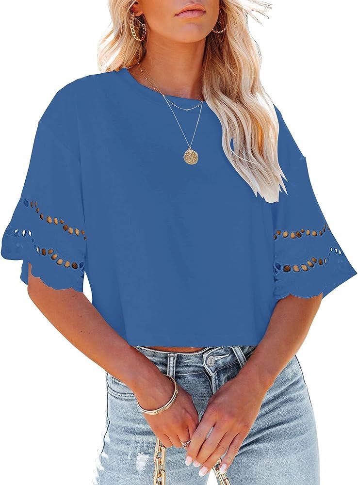Yuccalley Women's Lace Short Sleeve Crop Tops Summer Casual Round Neck Tees | Amazon (US)