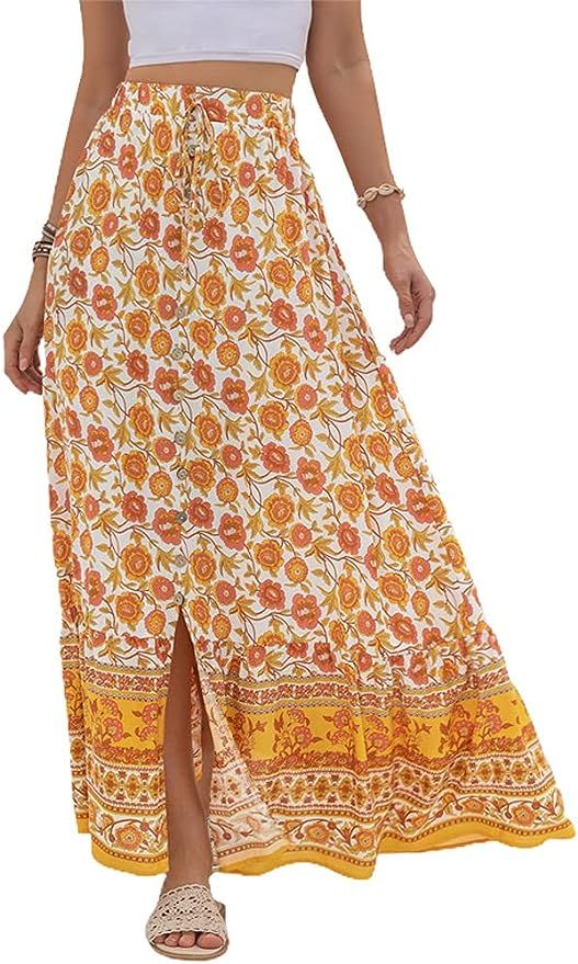 chouyatou Women's Boho Elastic Waist A-Line Floral Print Maxi Skirt Front Split | Amazon (US)
