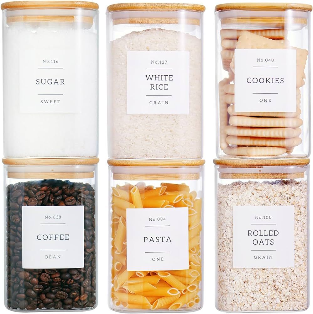 6 Pack Square Glass Kitchen Storage Jars with Airtight Bamboo Lids and 132 Pantry Labels - 35oz Glass Canisters With Wood Lids - Glass Food Storage Containers for Coffee, Cookie, Tea, Spice | Amazon (US)