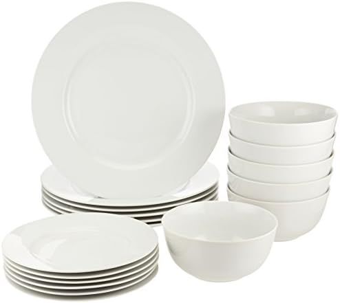 Amazon Basics 18-Piece Kitchen Dinnerware Set, Dishes, Bowls, Service for 6, White | Amazon (US)