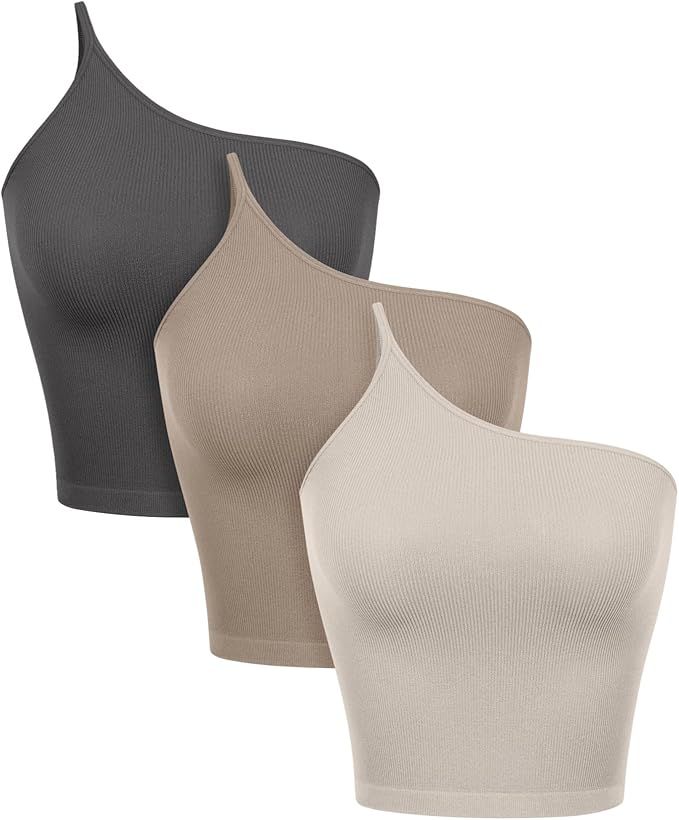 ODODOS 3-Pack One Shoulder Crop Cami Tank for Women Seamless Ribbed Asymmetric Cropped Tops | Amazon (US)