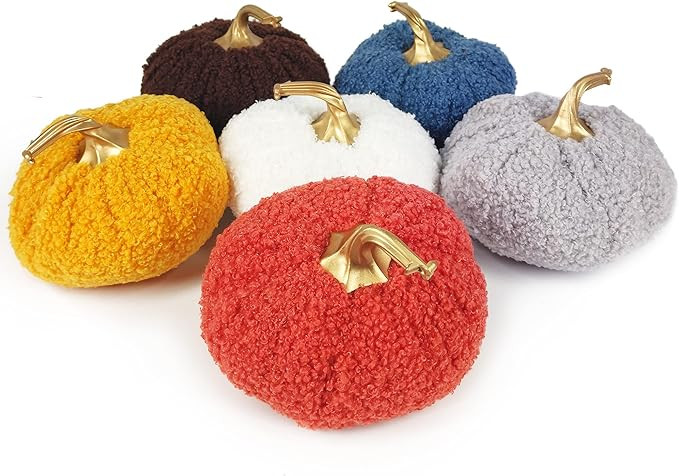 Ogrmar 6 Pack Fabric Artificial Pumpkins Set Teddy Velvet Decoration Pumpkins Lifelike Harvest Pu... | Amazon (US)