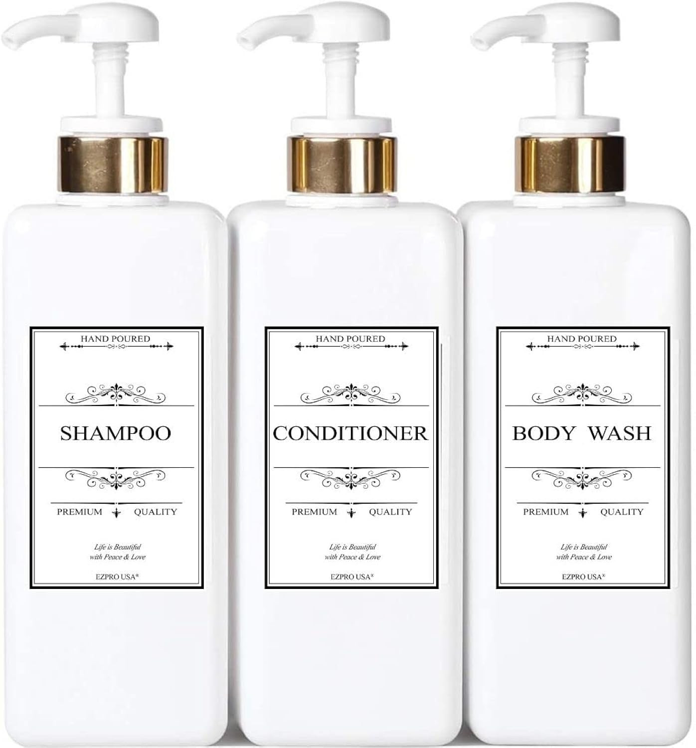 White Opaque Bottle with Gold White Head Empty Plastic Pump Bottles Square Shampoo Bottle Conditione | Amazon (US)