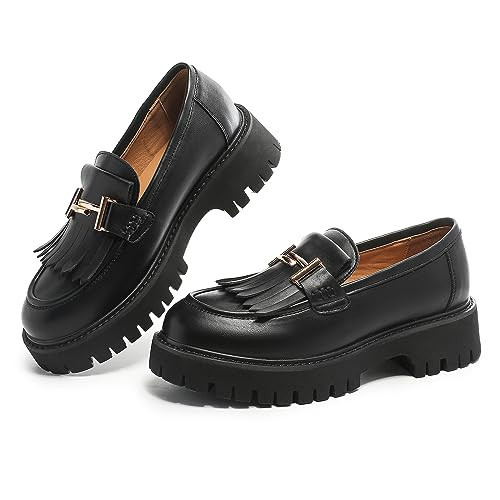 MACNMEUU Chunky Loafers Platform Loafers Slip ons for Women with Chunky Heel & Lug Sole Round Toe Tassel: Size 6 | Amazon (US)