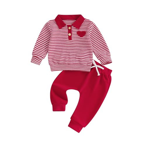 VISGOGO Toddler Baby Boy Valentines Outfit Striped Love Heart Embroidered Half Button Up Long Sleeve Sweater Tops Pants (Red, 6-12 Months) | Amazon (US)