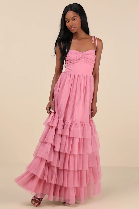Endlessly Darling Dusty Rose Mesh Tiered Tie-Strap Maxi Dress | Lulus