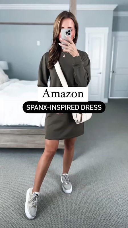 Amazon fall dress (small). Fall outfit. Amazon quilted purse. Spanx inspired dress. Travel outfit. Airport outfit. Casual outfit. Mom outfit. Mom style. Spanx Air-essentials inspired dress. Nike court vision Alta platform sneakers (TTS for me but consider sizing up if you are sometimes in-between sizes). Bedroom. Pottery barn canopy bed. 

#LTKshoecrush #LTKtravel #LTKfindsunder50