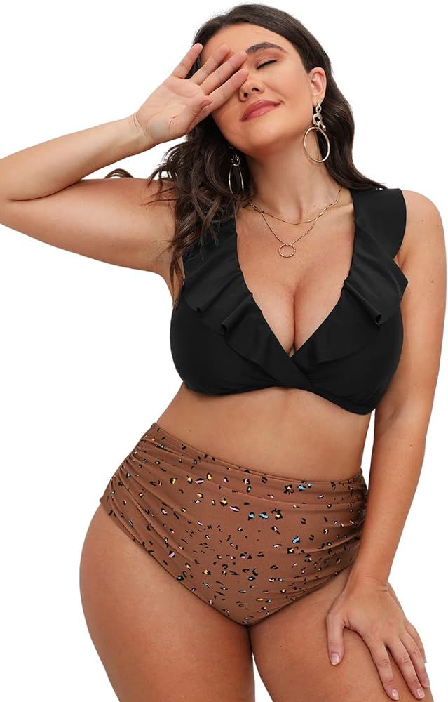 CUPSHE Women Swimsuit Plus Size Bikini Set High Waisted Ruffled Front Self Tie Back Ruched Bathin... | Amazon (US)