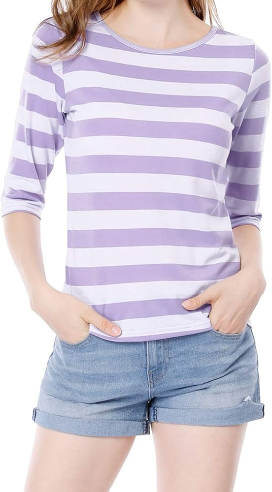 Allegra K Women's Elbow Sleeves Top Round Neck Slim Fit Basic Tee Casual Printed T-Shirt | Amazon (US)