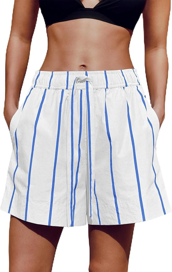 Cotton Striped Boxer Shorts for Womens Summer Beach High Waist Going Out Shorts with Pockets | Amazon (US)