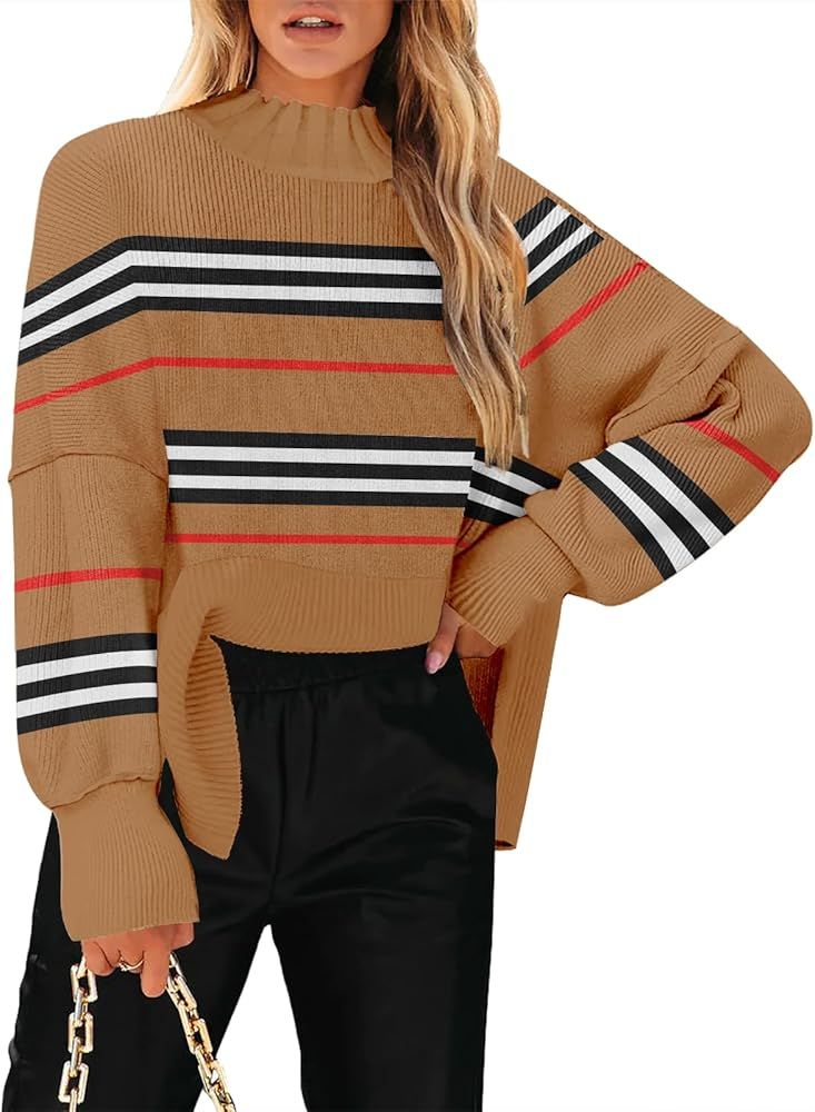 Women's Mock Turtle Neck Long Sleeve Striped Oversized Side Slit Soft Knit Pullover Sweater Tops | Amazon (US)