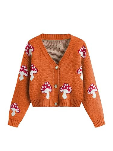 SweatyRocks Girl's Cute Graphic Print V Neck Sweater Button Down Knitted Cardigan Top Orange 10Y | Amazon (US)