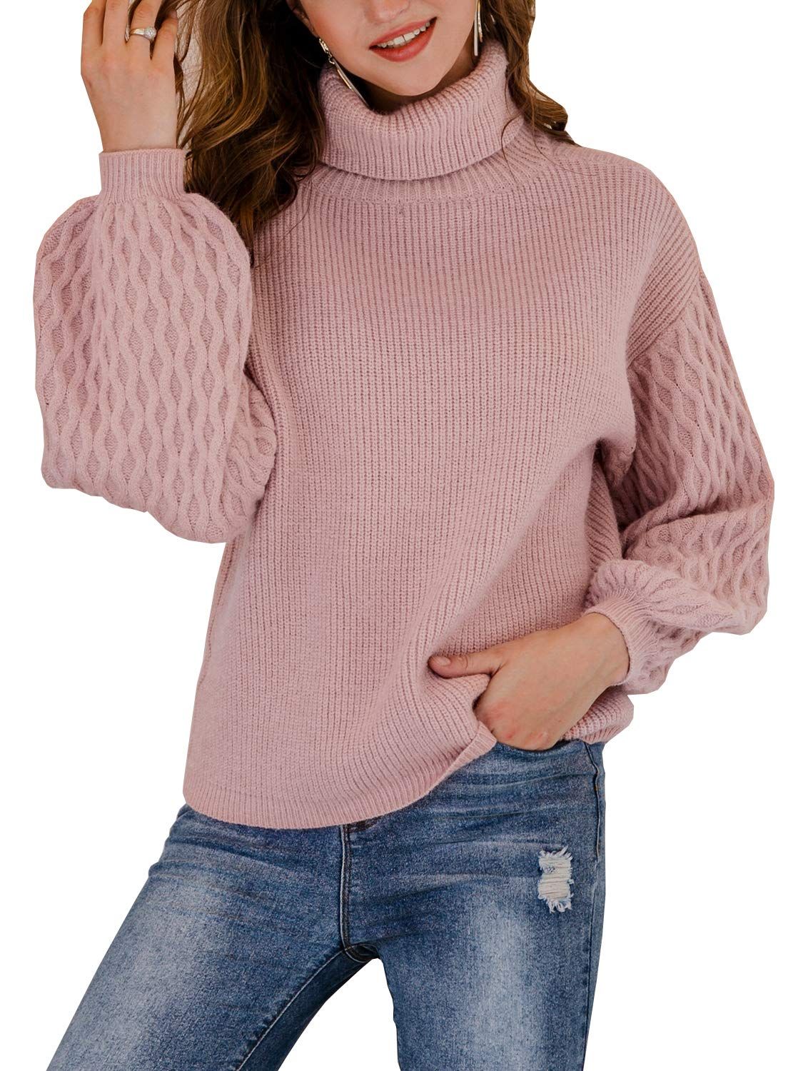 Women's Crew Neck Lantern Sleeve Sweater Pullover Elegant Knit Jumper Top | Amazon (US)