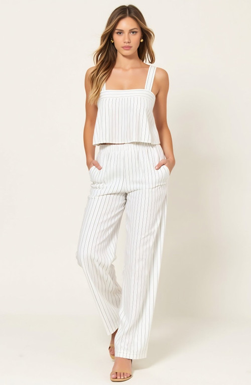 Modenaire Striped Open Back Crop Top and Wide Leg High Waist Pant Outfit Set in White /Black Striped at Nordstrom, Size Medium | Nordstrom