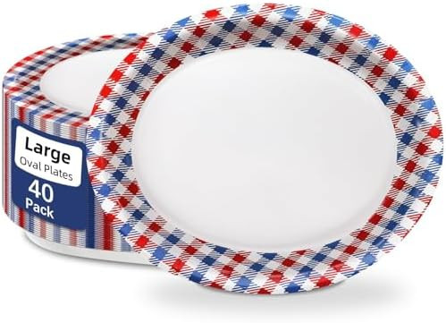 40pcs Gingham Oval Paper Plates 10" X 12" Large Patriotic Paper Plates Heavy Duty Red Blue White ... | Amazon (US)