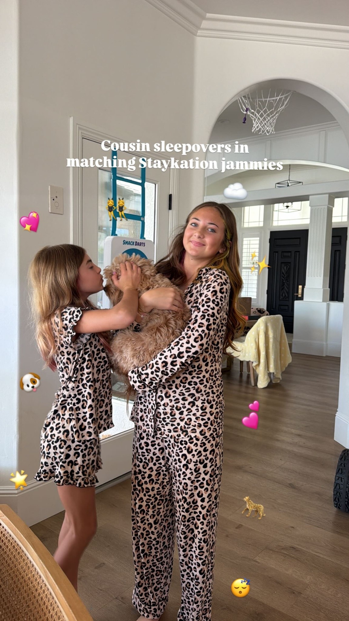 Cousin sleepovers in matching Staykation jammies 🐆 👯‍♀️ 🐶 ✨ 💕 💖 ☁️ 🌟 😴