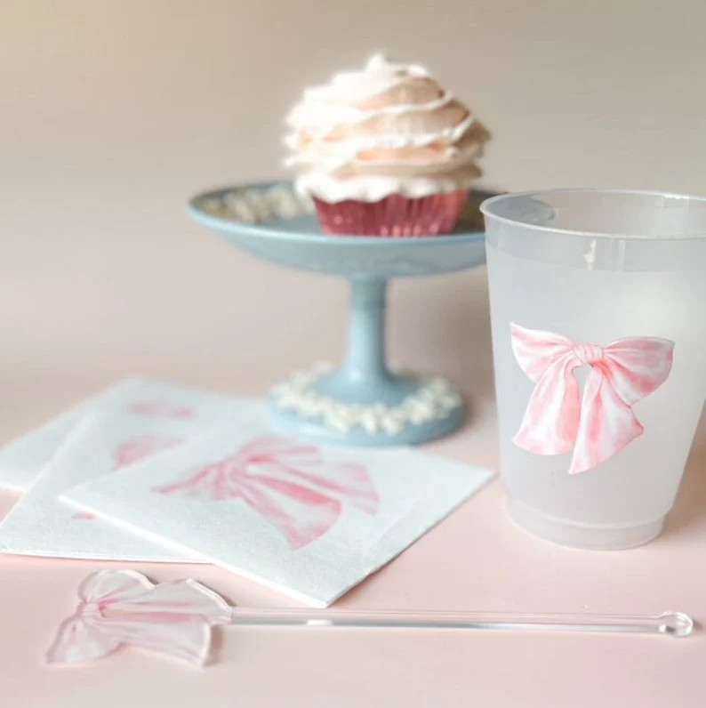 Pink Bow Party Cups for Baby Girl Shower Sprinkle, 1st Birthday Party, Fancy Tea Party, Bridesmai... | Etsy (US)