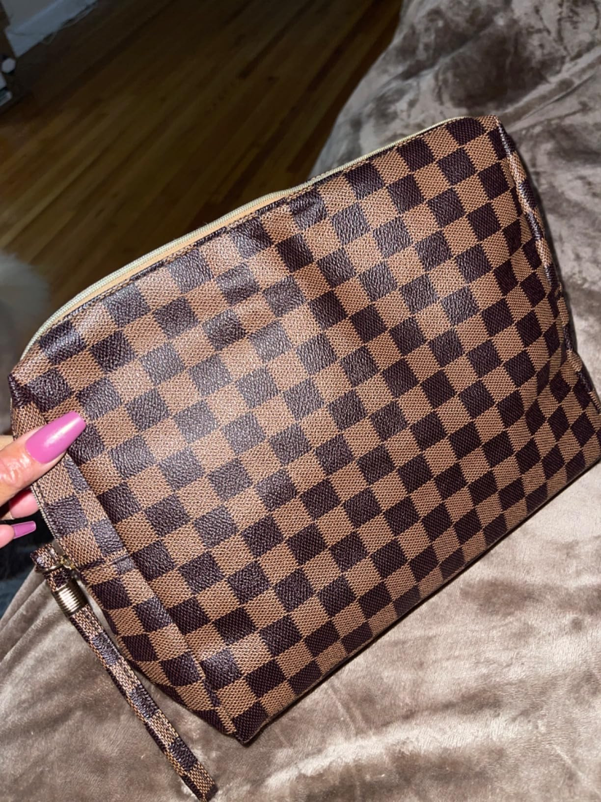 Makeup Bag, Cosmetic Bag, Portable Leather Large Checkered Makeup Bag, 2 Pack Large Capacity Trav... | Amazon (US)