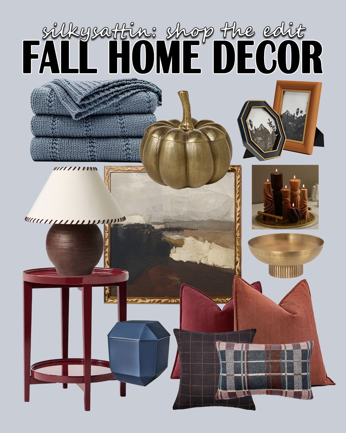Shop the Edit: Fall Home Decor 

Corn mazes, apple picking, changing foliage and all things pumpkin flavored. Yes, fall is upon us which means it’s time to redecorate! I love how changing even the smallest of details makes your home look completely different. You don’t even have to do too much. Try something simple like replacing the artificial flowers for fall stems and keeping the same vase. You can also change out your couch pillow covers. It really doesn’t take much. 

Here are some ideas to get you started. Our inspiration is: shades of blue and burgundy.

#blue #burgundy #gold #homedecor #fall #decor

#LTKHoliday #LTKHome #LTKSeasonal