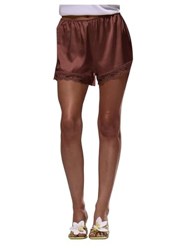 RoseSeek Women's Lace Trim Satin Shorts Shiny Elastic Waist Mini Shorts French Knickers Brown Small | Amazon (US)