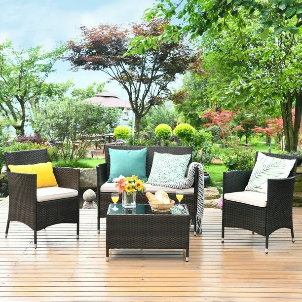 Costway 4PCS Rattan Patio Furniture Set Sofa Chair Coffee Table w/Cushion Outdoor | Walmart (US)