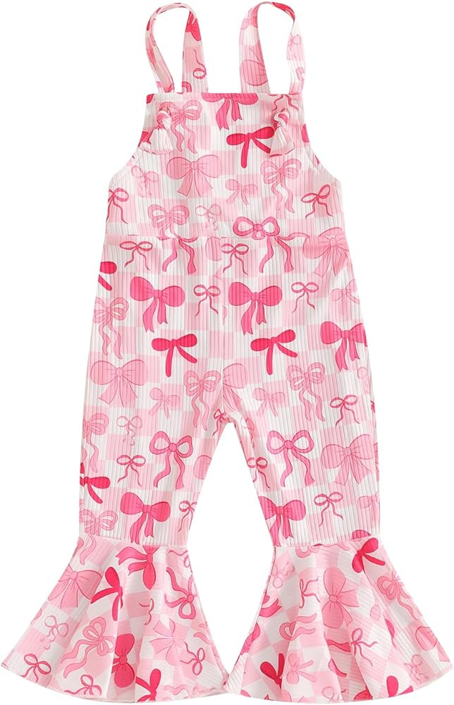 YOKJZJD Toddler Baby Girl Valentines Day Outfit Bow Print Suspender Romper Jumpsuit Overalls Bell... | Amazon (US)