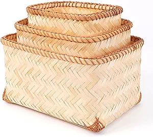 Homedy Crafts Bamboo Storage Bins Set Of 3, Handmade Decorative Woven Basket Organizer for Kitche... | Amazon (US)