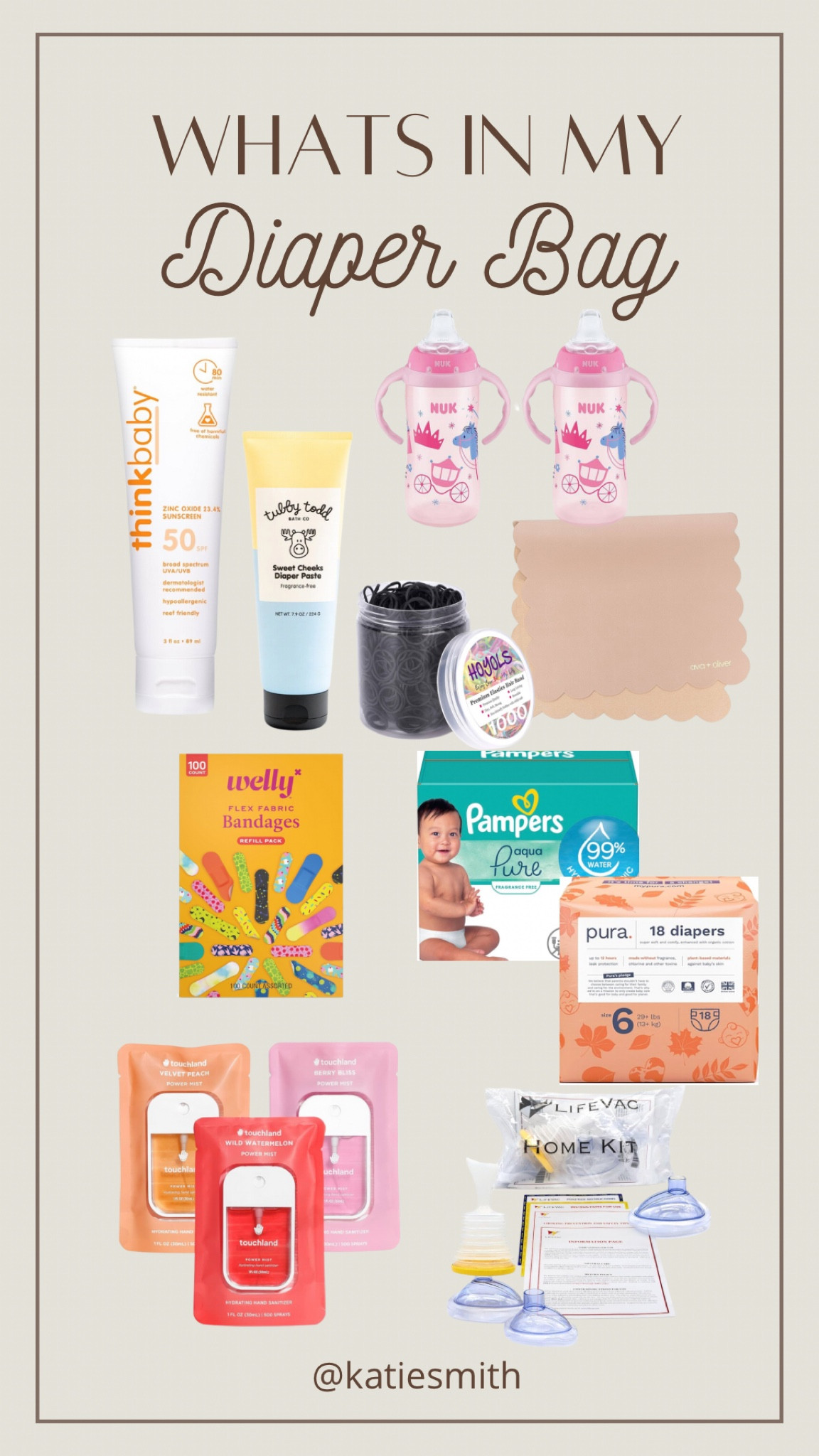 Diaper bag items that stay in my bag!

Diaper bag must haves | favorite diaper bag items | toddler favorites | baby items | baby must haves | mom things | new mom favorites | baby shower | pura diapers | non toxic diapers | pampers baby wipes | favorite diapers | baby sunscreen | non toxic sunscreen | think baby sunscreen | tubby Todd diaper cream | non toxic diaper cream | kids bandaids | nuk bottles | spray hand sanitizer | anti choker device | changing mat for baby 