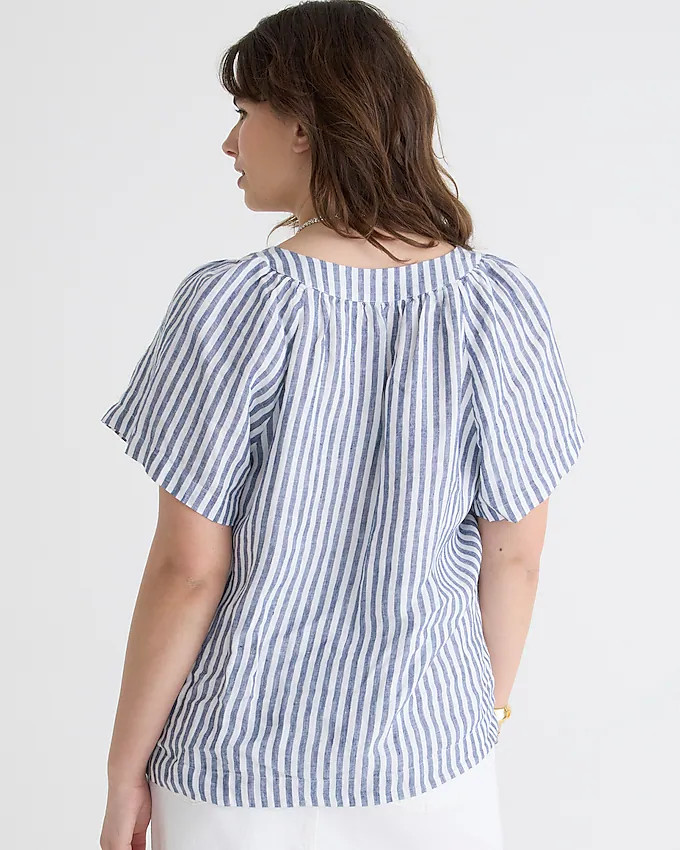 Flutter-sleeve linen V-neck top in stripe | J. Crew US