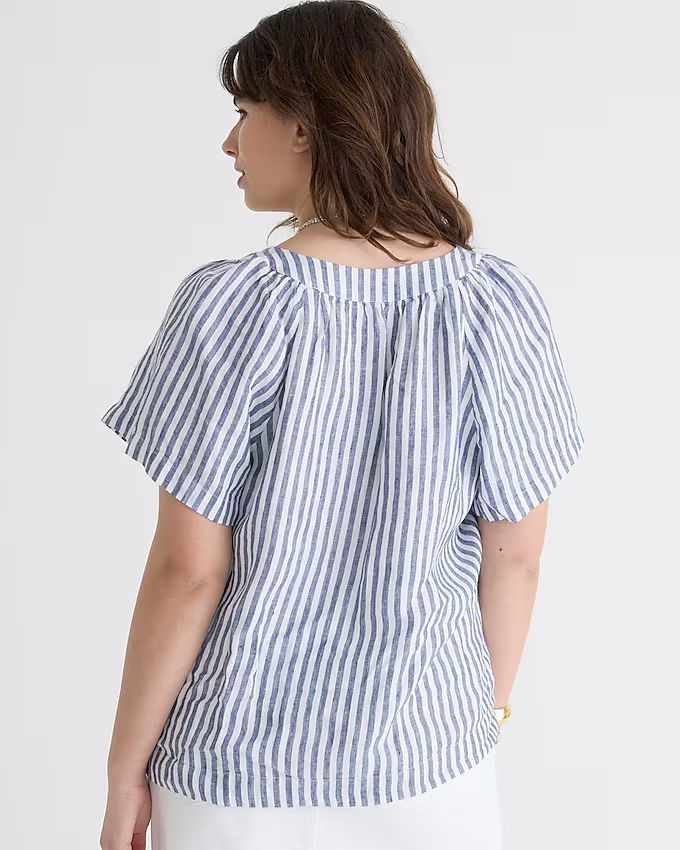Flutter-sleeve linen V-neck top in stripe | J.Crew US