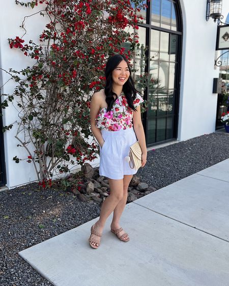 Pink floral top (XS)
Floral one shoulder top
White shorts  (28)
White high waisted shorts 
Straw clutch 
Braided sandals  (TTS)
Summer outfit 
Spring vacation outfit 
Abercrombie outfit

#LTKSeasonal #LTKfindsunder50 #LTKFestival