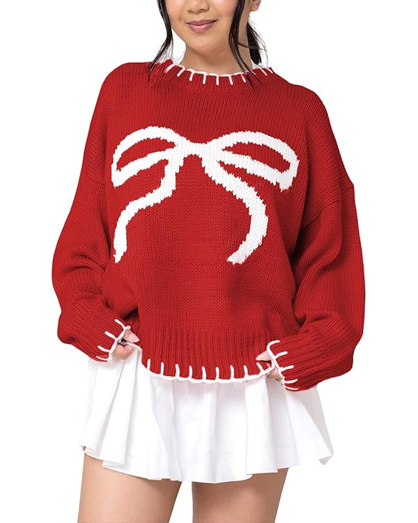 Womens 2025 Fall Sweater Long Sleeve Crewneck Cropped Knit Sweaters Plus Size Cute Bow Pullover T... | Amazon (US)
