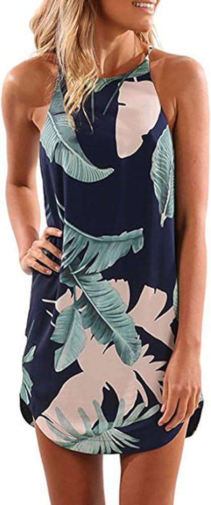 Asvivid Womens Halter Palm Leaf Floral Casual Dresses Summer Beach Dress Sleeveless Short Sundresses | Amazon (US)