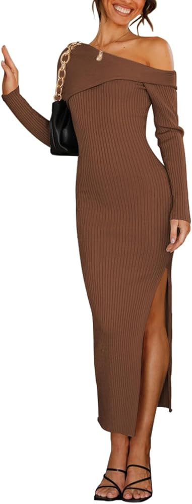 Duigluw Women Elegant Long Sleeve One Shoulder High Slit Bodycon Midi Sweater Dress | Amazon (US)