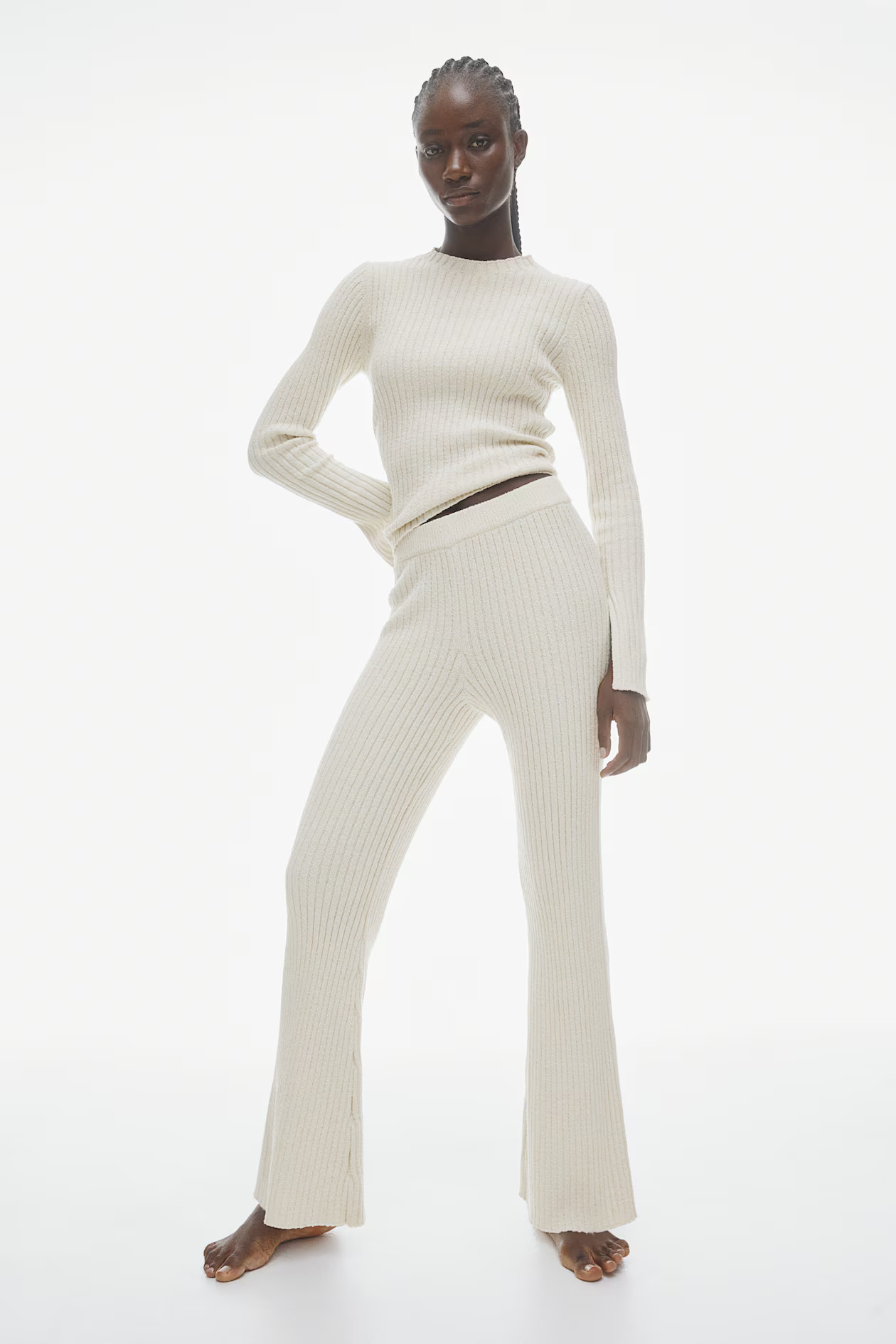 Flared Rib-knit Pants - Light beige - Ladies | H&M US | H&M (US + CA)