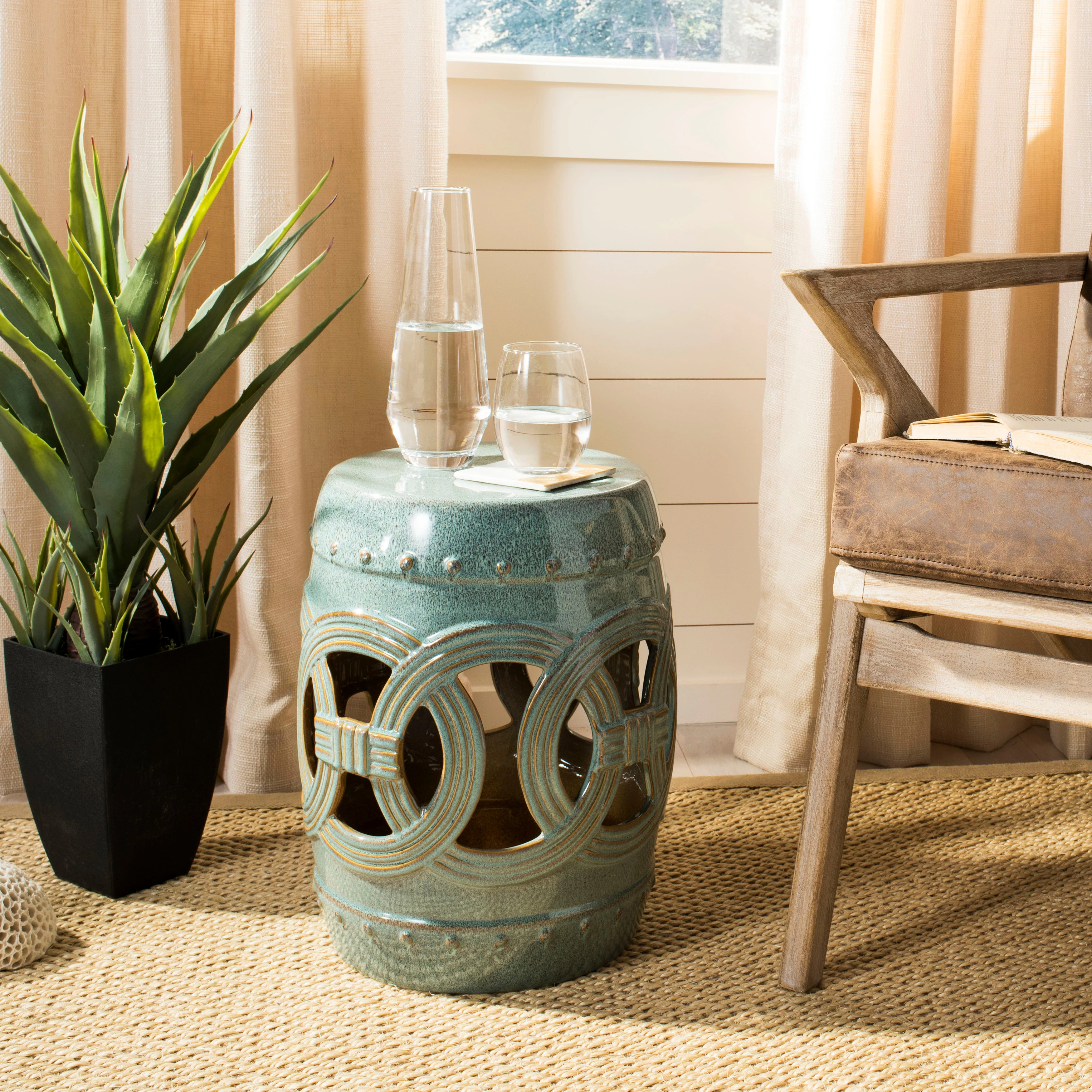 SAFAVIEH Paradise Sarlota Double Coin Blue-Green Ceramic Decorative Garden Stool - Cream | Overstock