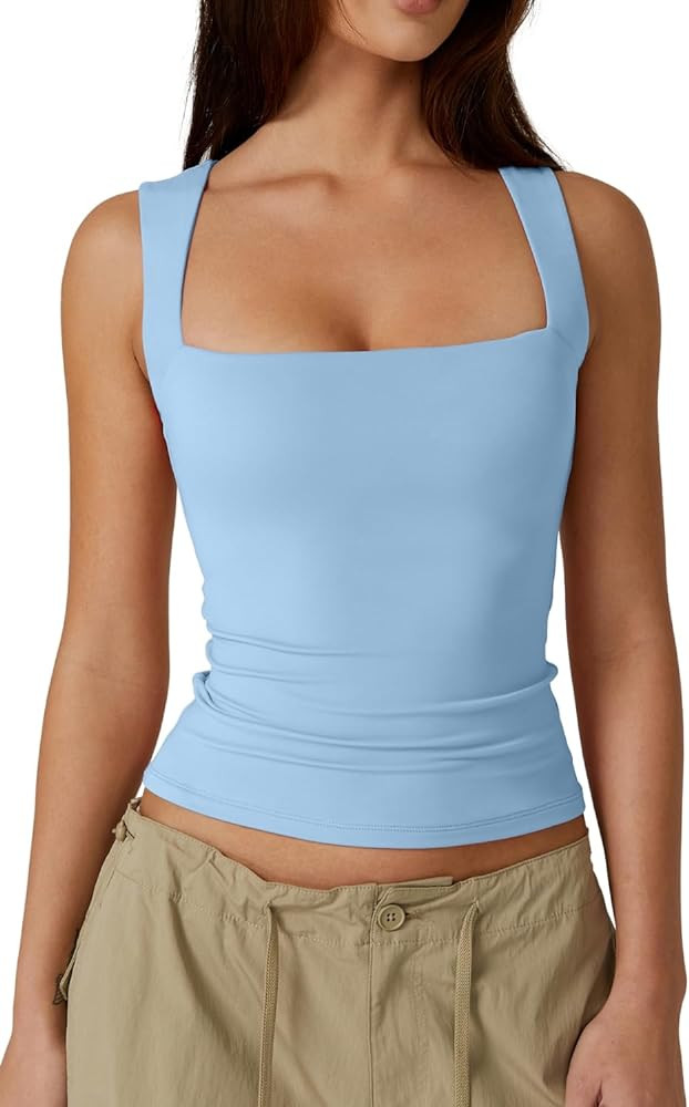 QINSEN Women's Square Neck Sleeveless Double-Layer Tank Tops Basic Tight T Shirts | Amazon (US)