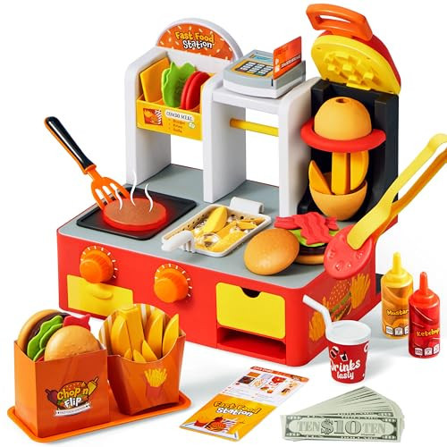 Restaurant Play Set Toy - 40+ PCS Fast Food Playset with Potato Cutter, Simulated Frying Effect & Lights, Order, Card & Drink Station - Interactive Role Play Toy Birthday Gift for Boys Girls | Amazon (US)