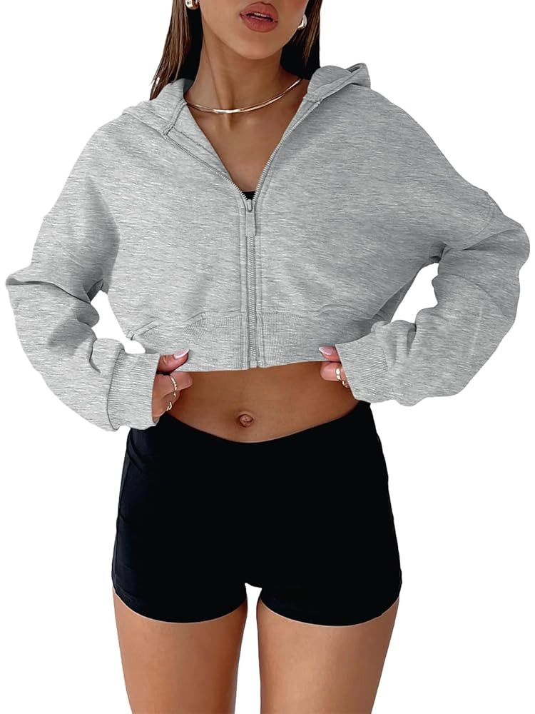 Aurgelmir Women's Cropped Zip Up Hoodie Sweatshirts Long Sleeve Casual Loose Y2K Pullover Tops | Amazon (US)