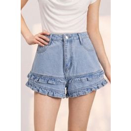 Tiered Ruffle Hem Denim Shorts in Blue for Beach Trips & Shopping Days | Chicwish