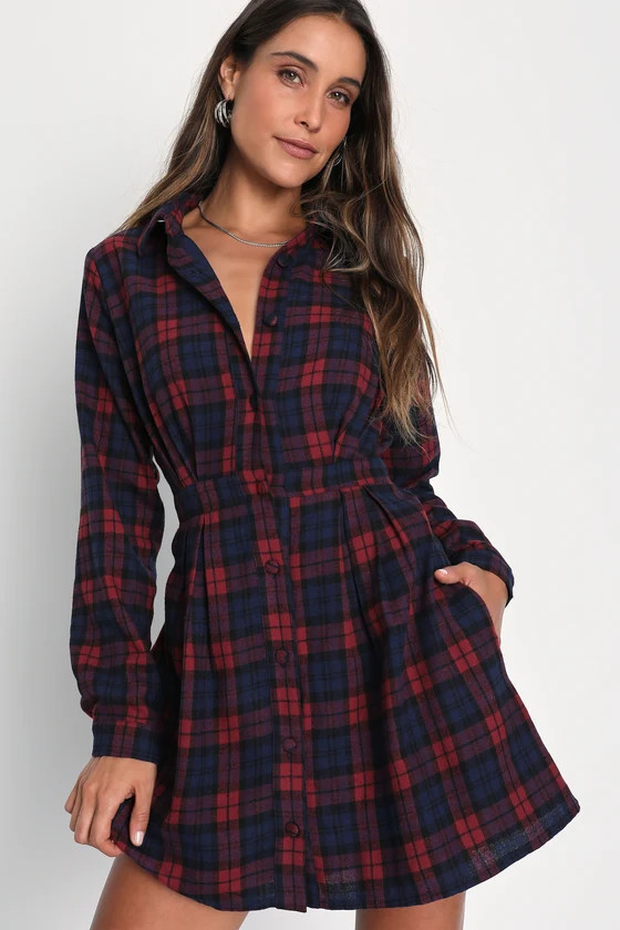 Autumn Ease Red and Navy Plaid Mini Dress With Pockets | Lulus (US)