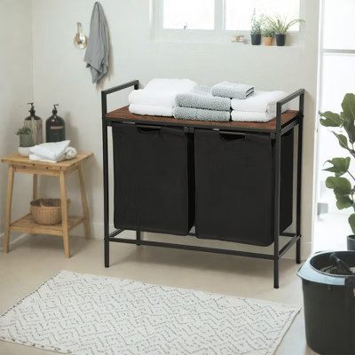 FurnitureR Laundry Hamper 2 Section with Shelf, 2-Bin Laundry Sorter with Removable Bags and Wooden Top, 28.74'' Wide Laundry Basket | Target