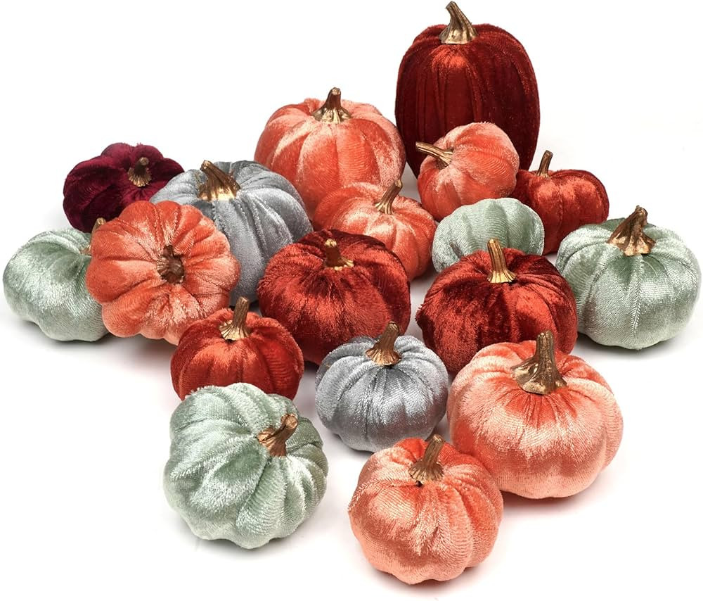 18 Pcs Velvet Pumpkins, Fake Assorted Velvet Pumpkins Harvest Festival Thanksgiving Halloween Dec... | Amazon (US)