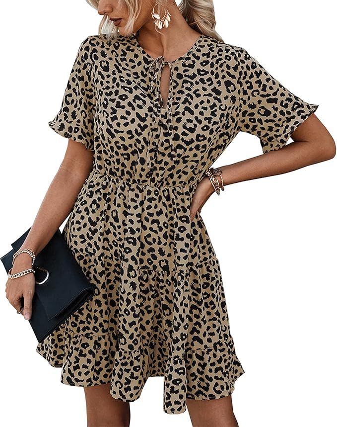 KIRUNDO 2023 Womens Summer Dresses Ruffle Short Sleeve Tie Neck Floral Leopard Print High Waist M... | Amazon (US)