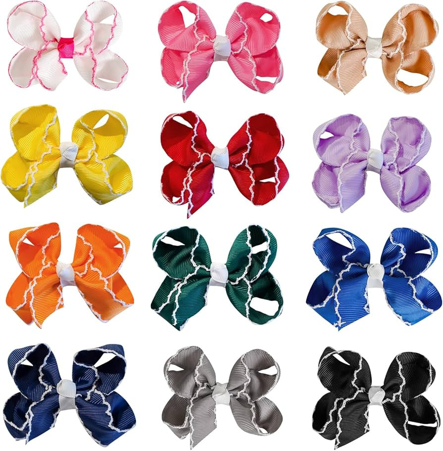 UYOF 12 Pcs 3" Edge Hair Bows Grosgrain Ribbon Hand-Made Toddler Hair Accessories With Alligator ... | Amazon (US)
