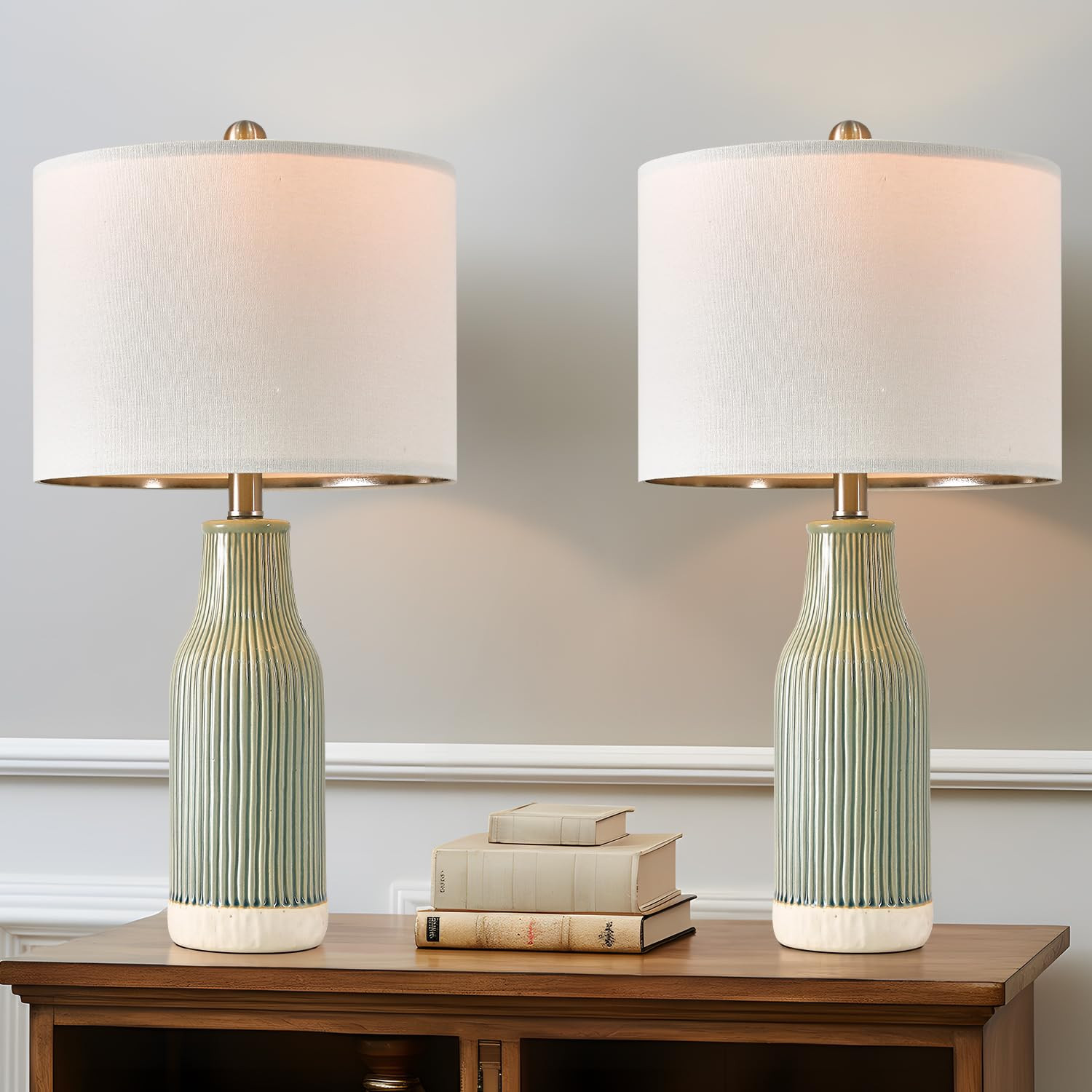 23.75" Modern Green Ceramic Table Lamp Set of 2 for Living Room, Farmhouse Bedside Nightstand Lam... | Amazon (US)