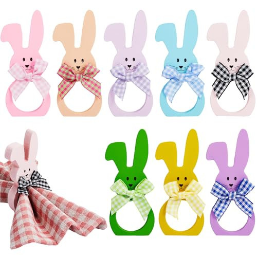 8 Pieces Wooden Easter Bunny Rabbit Napkin Rings Wooden Dinner Easter Napkins Ring Table Dinner for Party Decoration (Macaron Color,Rabbit Ear) | Amazon (US)