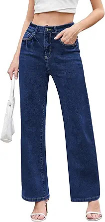 Jeans for Women Trendy High Waisted Straight Jeans Loose Wide Leg Stretchy Denim Pants with Pocke... | Amazon (US)
